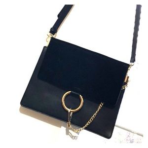 Black suede and genuine leather crossbody bag
